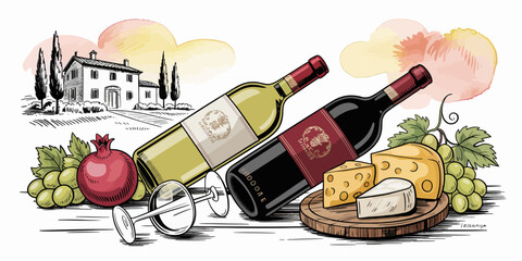 An elegant display of wine bottles, cheese varieties, and fresh grapes set against a beautiful vineyard landscape, encapsulating the artistry of wine and food pairing in a rustic setting.