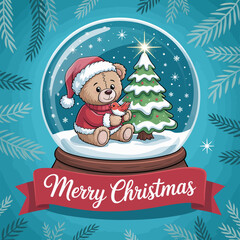 A delightful snow globe depicting a playful bear in a Santa hat, surrounded by a beautiful Christmas tree, evoking warm holiday feelings and childhood wonder.