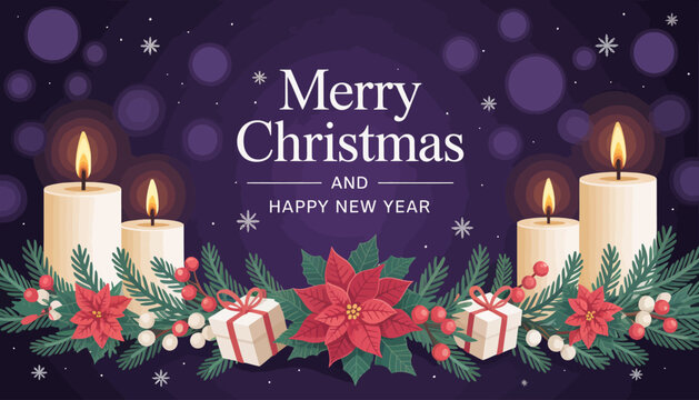 An elegant Christmas design featuring candles, gift boxes adorned with bows, and beautiful poinsettia flowers, perfect for conveying holiday spirit and warmth.