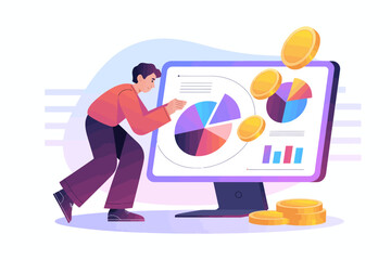 A focused scenario where a professional engages with colorful pie and bar charts on a screen, representing data analysis for informed decision-making in business growth strategies.