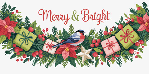 A cheerful and bright holiday design featuring Christmas elements such as gifts, flowers, and a bird, capturing the essence of joy and celebration during the festive season.