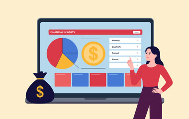 This image showcases a financial insights dashboard, featuring colorful charts and a money bag, ideal for illustrating financial analysis and management concepts.