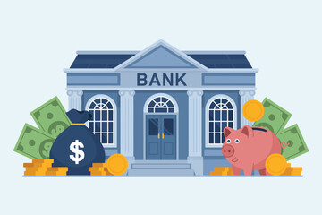 This image features a bank building surrounded by stacks of cash, a money bag, and a piggy bank, symbolizing savings and financial security.