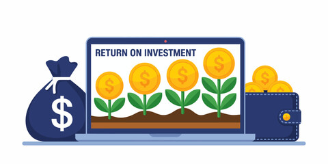 This artwork portrays the return on investment through coins and plants growing in soil, paired with a laptop and a money bag, representing financial success and growth.