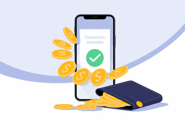 This image represents a smartphone confirming a transaction completion, with coins falling into a wallet, emphasizing the ease and speed of modern payment systems in today’s digital world.