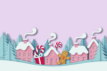 A whimsical winter village scene featuring gingerbread men, candy canes, and cozy homes set against soft pastel trees, evoking joy and warmth during the chilly holiday season.