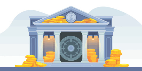 A stylized image of a bank with a vault and stacks of coins, representing financial security, growth, and the importance of saving for future prosperity and stability.