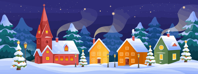 A picturesque winter village featuring colorful houses, snow-covered trees, and a charming church steeple, set against a backdrop of a starry night sky.