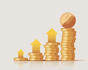An elegant design featuring golden coins neatly stacked with arrows pointing upward, representing positive growth trends and strong investment performance in finance.