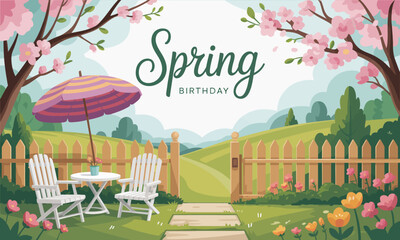 A lively spring birthday scene featuring pink flowers and a sunny sky, perfect for celebrating a joyful and memorable birthday in a beautiful outdoor setting.