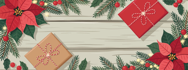 An elegant arrangement features beautifully wrapped Christmas gifts nestled in holiday greens and poinsettias, capturing the festive and joyous essence of the Christmas season.