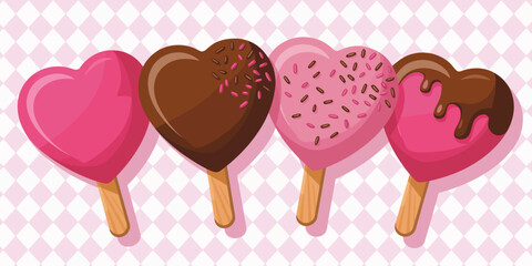 A collection of heart-shaped ice cream pops in pink and chocolate, perfect for sweet treats, celebrations, and spreading love during any occasion or event.