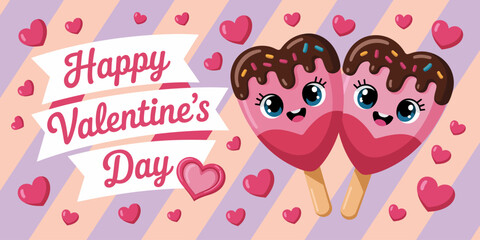 This charming illustration features adorable ice cream characters with cheerful faces, surrounded by hearts, celebrating Valentine's Day in a playful and vibrant style.