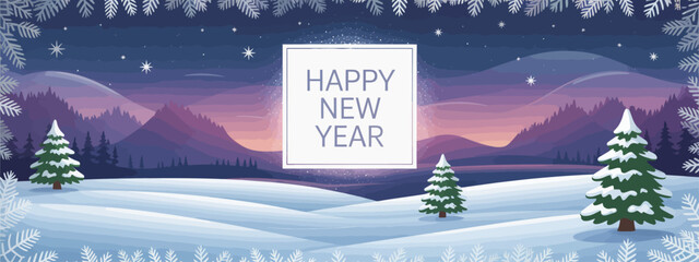 A visually striking winter scene with soft snow draped across the ground and evergreen trees under a vast starry sky, perfect for sending New Year wishes.