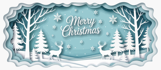 A beautiful paper cutout scene depicting reindeer and snow-covered trees with a soft blue background, perfect for Christmas-themed celebrations and decorations.