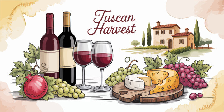 This picturesque scene showcases a bounty of wine, cheese, and fresh grapes from the Tuscan harvest, celebrating the rich flavors of Italian cuisine in a warm, inviting setting.