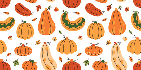A seamless pattern featuring pumpkins of various colors and sizes. Flat vector illustration.