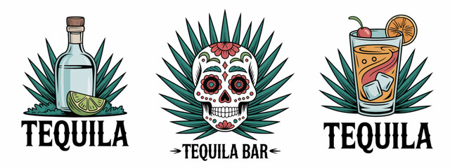 This iconic tequila bar logo showcases a distinct design featuring a bottle, a cocktail glass filled with ice, and a slice of lime, capturing the spirit of vibrant nightlife.
