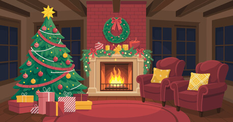 This festive living room features a beautifully decorated Christmas tree, warm fireplace, and holiday decorations, creating a cozy atmosphere for the season.