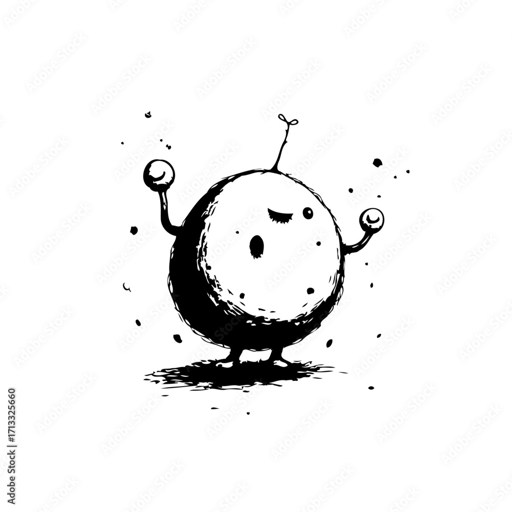 Poster whimsical round character enjoys a moment of carefree joy and playful expression in minimalist style