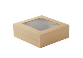 A plain brown bakery box with a clear window on top, perfect for showcasing baked goods, Isolated on the Transparent Backgound