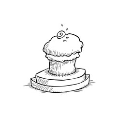 Whimsical single cupcake illustration, a sweet treat with a grumpy expression on a pedestal