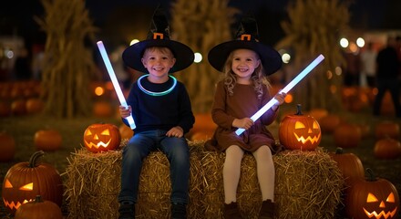 Children in Witch Hats with Pumpkins and Glow Sticks