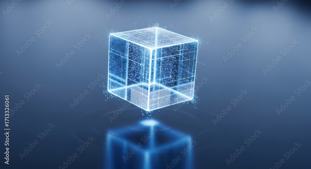 Fototapete floating luminescent cube with futuristic grid system and digital particles rendering technology