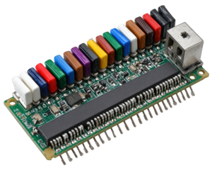 Biointerface electronic circuit board with microchip and colorful hardware components. This isolated medical technology equipment shows innovation and precise engineering