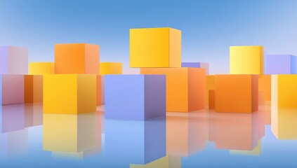 A cluster of pastel-colored cubes, predominantly yellow, orange, and purple, sits on a reflective surface against a light blue backdrop, creating a minimalist, abstract scene