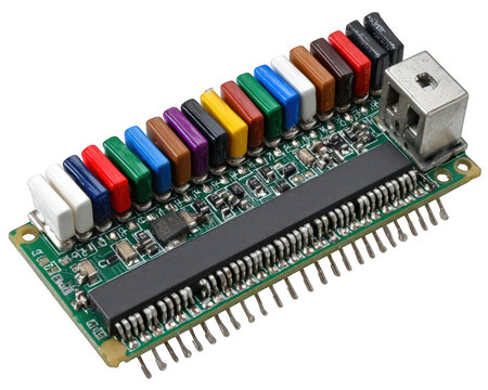 Biointerface electronic circuit board with microchip and colorful hardware components. This isolated medical technology equipment shows innovation and precise engineering