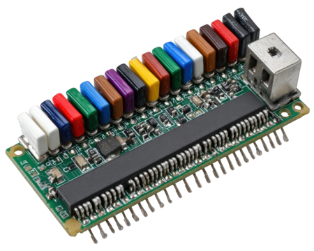 Biointerface electronic circuit board with microchip and colorful hardware components. This isolated medical technology equipment shows innovation and precise engineering
