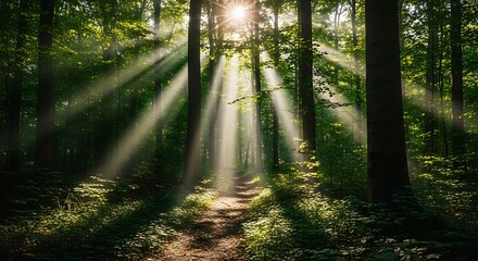 Obraz premium Tranquil forest scene with glowing light rays and lush trees.