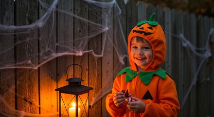 Child in Pumpkin Costume with Lantern and Candy