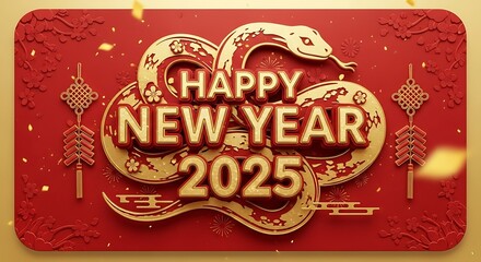 Happy New Year 2025 Chinese Zodiac Snake Golden Red Festive Greeting Card.