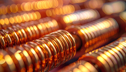 Sparkling Copper Tubes: A mesmerizing macro shot highlighting the intricate detail of perfectly aligned copper tubes, their surfaces gleaming with warmth and texture.