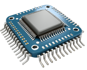 Powerful edge AI module with an integrated circuit on blue PCB. This embedded hardware clipart represents futuristic technology, computing, and high fidelity processing