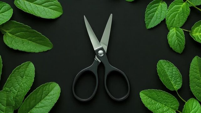 Dark background with green leaves and scissors
