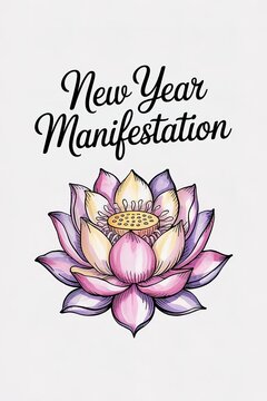 Watercolor Lotus Blossom with New Year Manifestation Script on W
