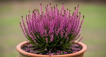 Heather plant in a terracotta pot outdoors.