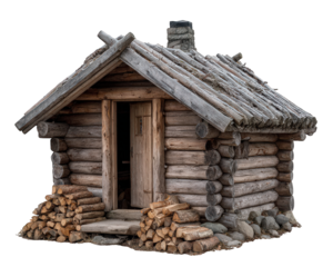 Cozy rustic log cabin with secluded feeling. Wooden lodge features firewood stack, stone chimney, and wood roof, peaceful shelter for quiet winter retreat