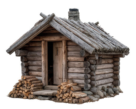 Cozy rustic log cabin with secluded feeling. Wooden lodge features firewood stack, stone chimney, and wood roof, peaceful shelter for quiet winter retreat