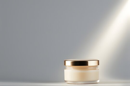 Elegant golden cream jar for luxurious beauty and skincare products shines on a luminous neutral backdrop