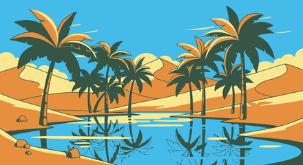 Fototapeta premium Serene Desert Oasis Illustration with Palm Trees and Reflective Water Ideal for Travel Posters, Vacation Brochures, and Tropical Themed Designs