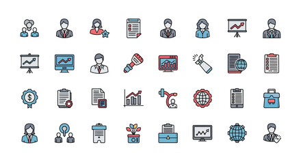 Professional business icons illustrate growth strategy, teamwork, and data analysis for modern success