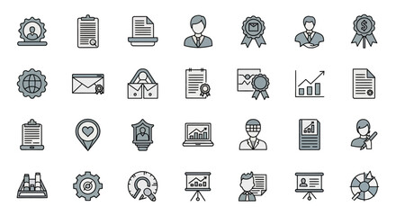 Modern business icons representing achievements, data, people, and growth for professional projects