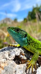 Fototapeta premium Close-up of a vibrant green lizard on a rock