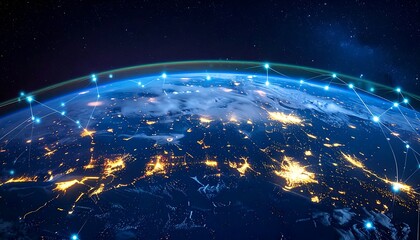 A vibrant view of Earth from space, illuminated by city lights, with glowing lines representing a global network overlay
