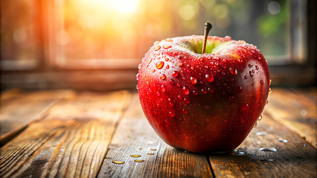 Juicy red apple with water droplets glistens in warm morning sunlight