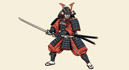 Fototapeta premium Illustrative Depiction of a Samurai Warrior in Full Armor, Ready for Battle Depicting Japanese Culture and Historical Significance, Ideal for Educational Resources and Historical Art